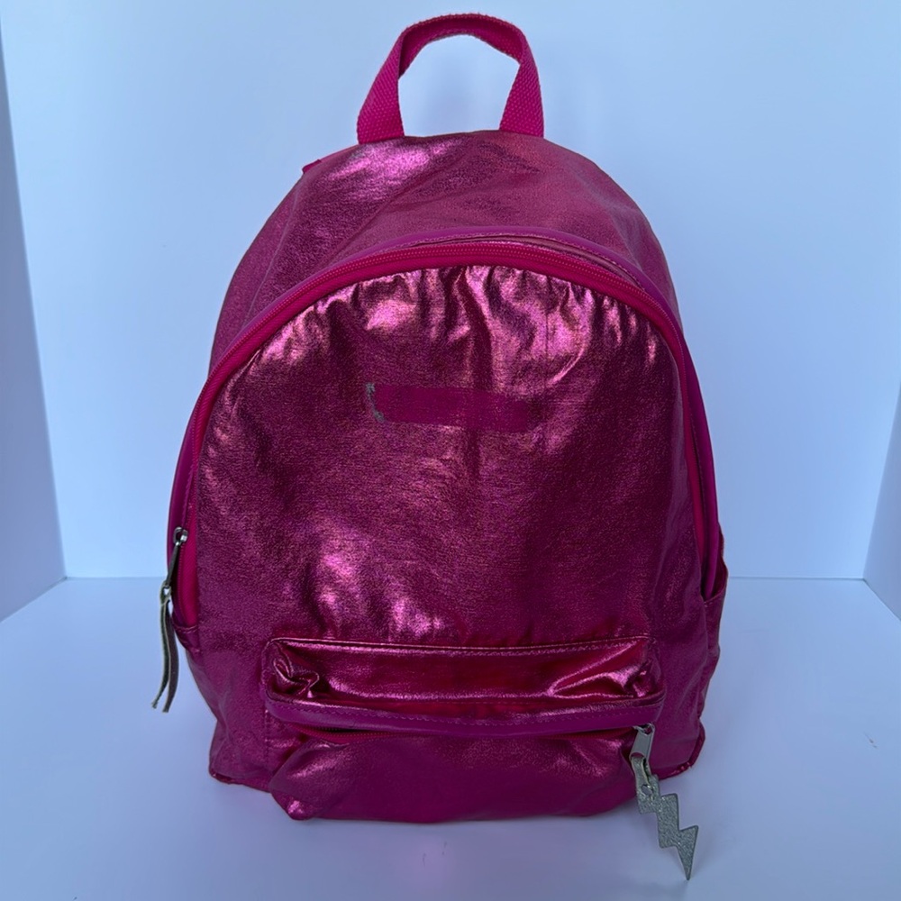 Backpack- Pink Metallic Shimmer, large & small zip compartments, 2 side pockets